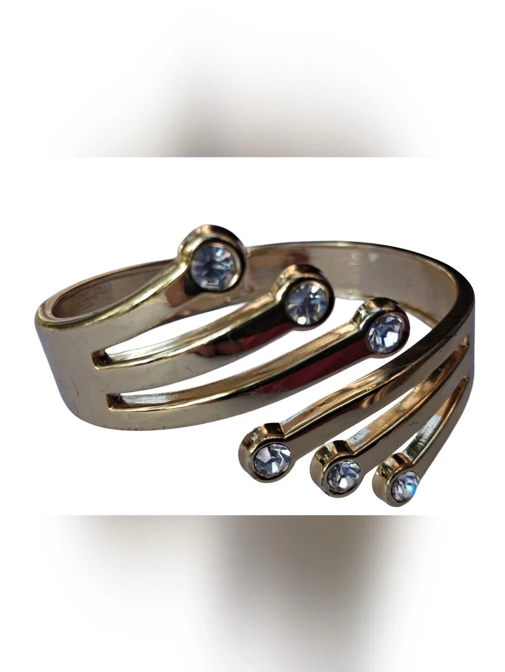 Vintage Gold Tone Rhinestone Bypass Clamper Hinged Cuff Bracelet Statement